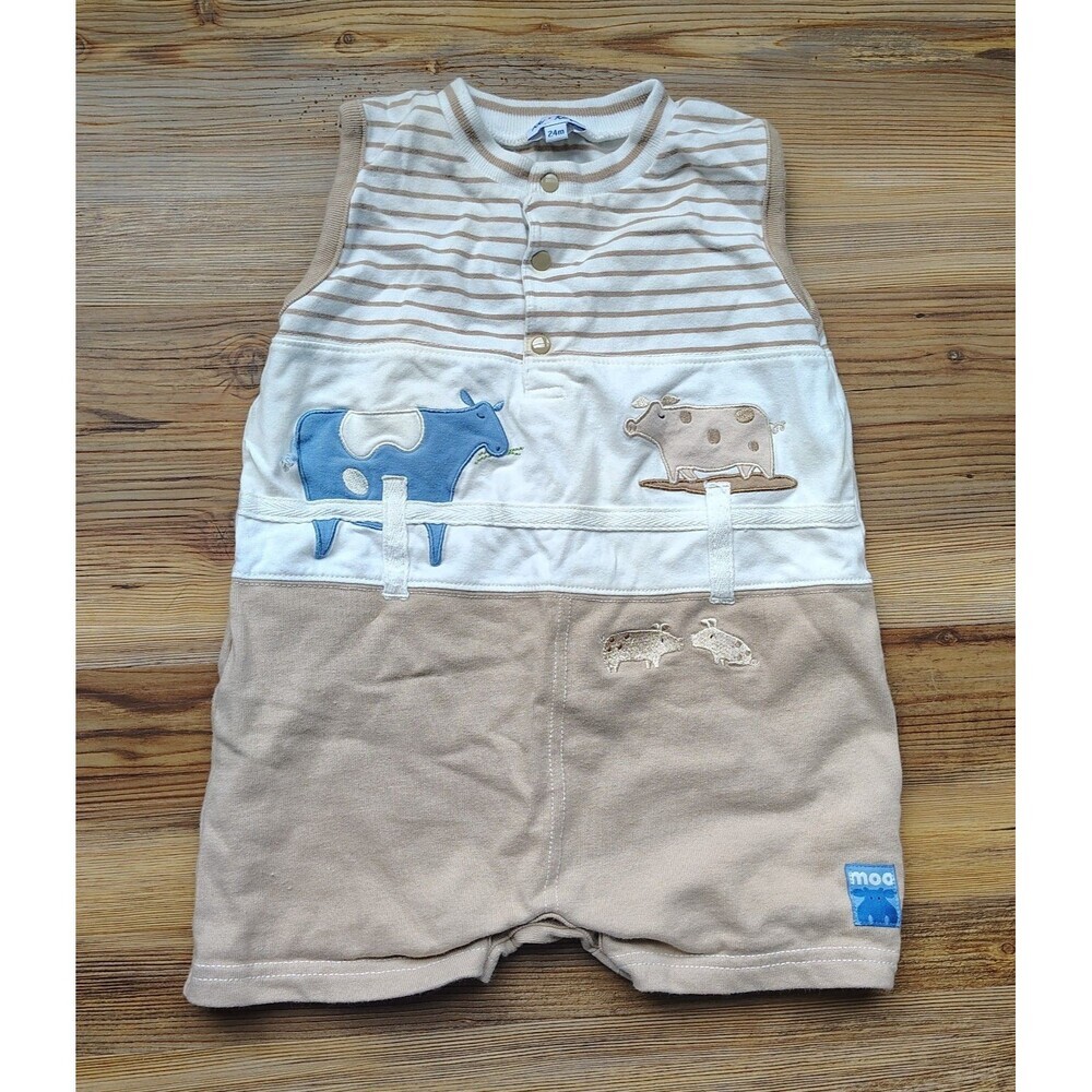 Le Top Baby Boy 24M Farm Animals Romper Cow Pig Tractor Shortall Beige Striped